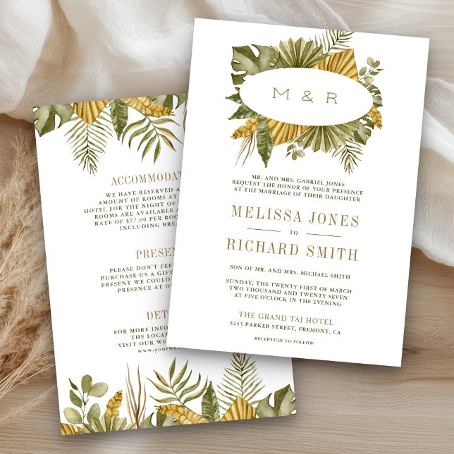 Tropical Boho Dried Palm Leaves All in One Wedding Invitation (Creator Uploaded)
