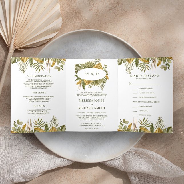 Tropical Boho Dried Palm Leaves All in One Wedding Tri-Fold Invitation (Creator Uploaded)