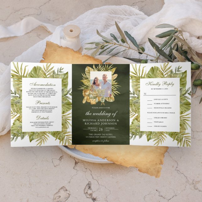 Tropical Boho Dried Palm Olive Green Photo Wedding Tri-Fold Invitation (Creator Uploaded)