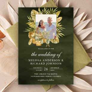 Tropical Boho Dried Palm Sage Green Photo Wedding Invitation