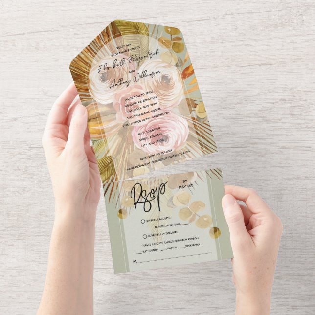Tropical Boho Floral Arch Sage Green Wedding All In One Invitation (Tearaway)