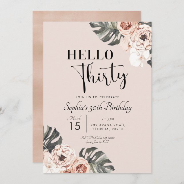 Tropical Boho Floral Hello Thirty Birthday Invitation (Front/Back)