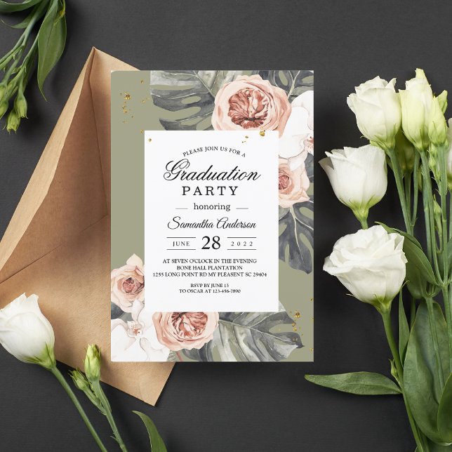 Tropical Boho Floral Khaki Palm Leaf & Orchid Invitation (Creator Uploaded)