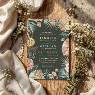 Tropical Boho Floral Rustic QR Code Wedding Invitation