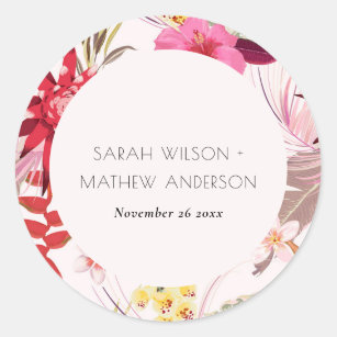 Tropical Boho  Lively Red Blush Floral Wedding  Classic Round Sticker