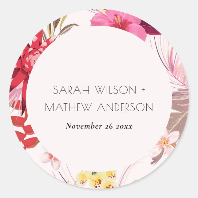 Tropical Boho  Lively Red Blush Floral Wedding  Classic Round Sticker (Front)