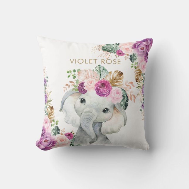 Tropical Boho Purple Blush Floral Elephant Cushion (Front)