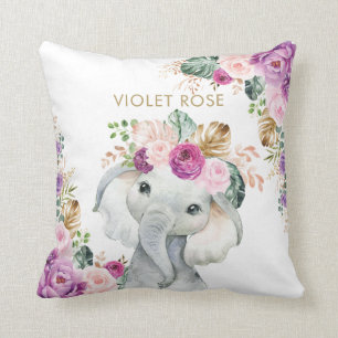 Tropical Boho Purple Blush Floral Elephant Cushion