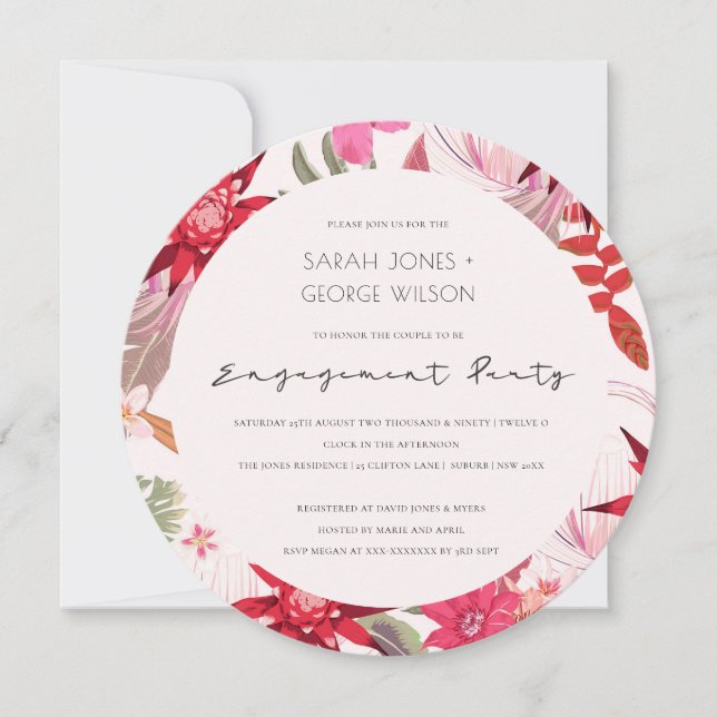 Tropical Boho Red Blush Floral Engagement Invite (Front)