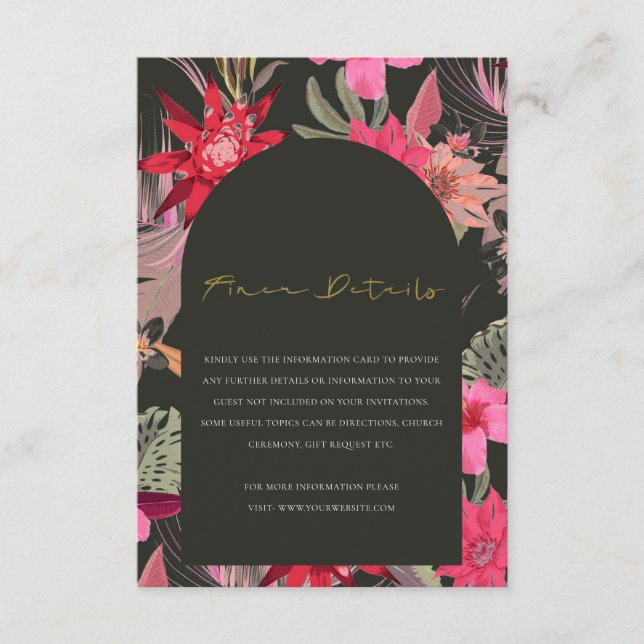 Tropical Boho Red Dark Floral Wedding Details Enclosure Card (Front)
