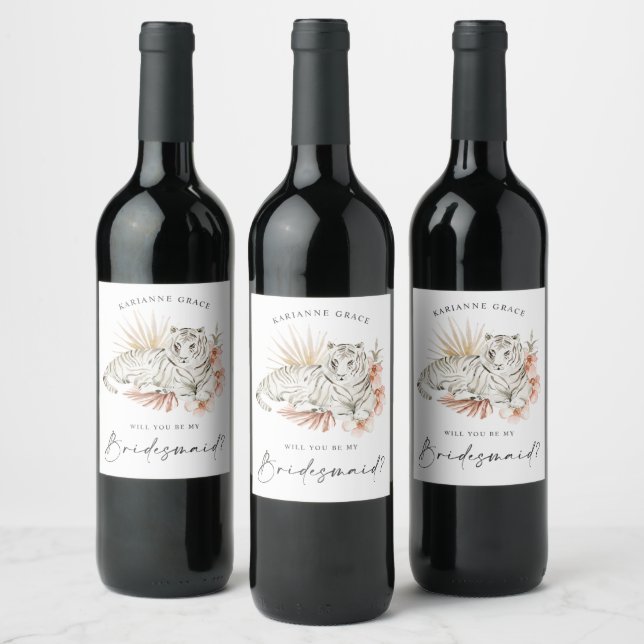 Tropical Boho Tigers Will You Be My Bridesmaid Wine Label (Bottles)