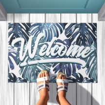 Tropical Boho Welcome Blue Jungle Leaves