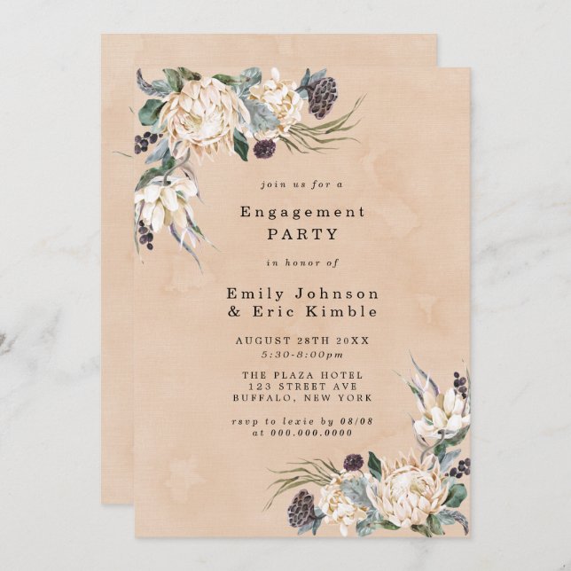 Tropical Boho White Protea Engagement Party Invita Invitation (Front/Back)