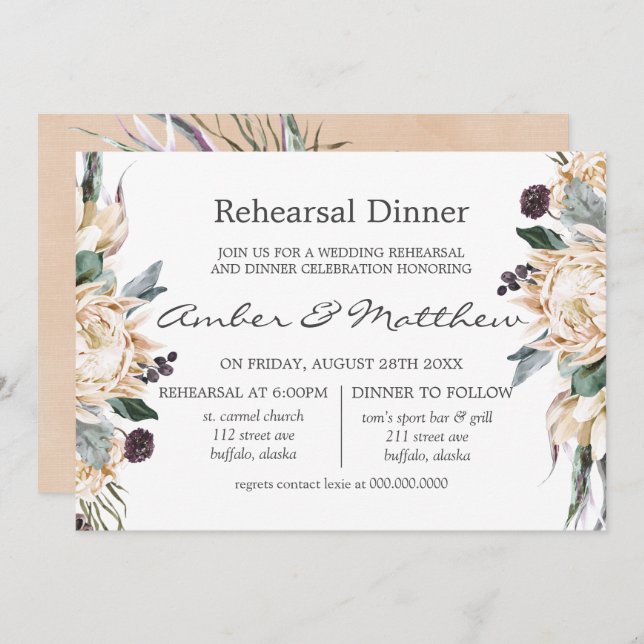 Tropical Boho White Protea Rehearsal Dinner Invita Invitation (Front/Back)