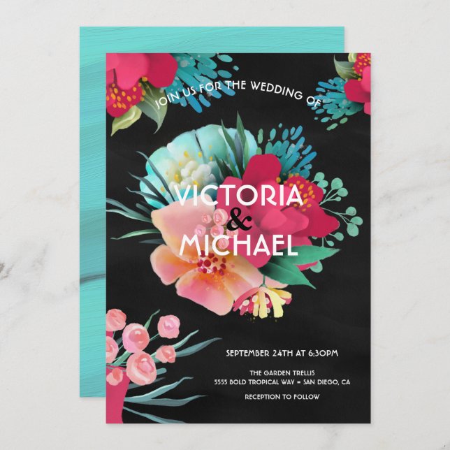 Tropical bold & bright floral wedding invitation (Front/Back)