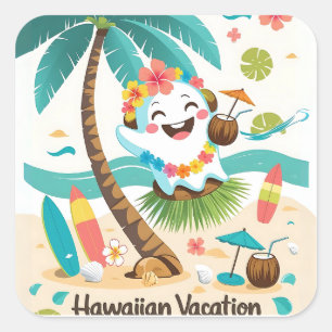 Tropical Boo – Kawaii Hawaiian Ghost Vacation Square Sticker