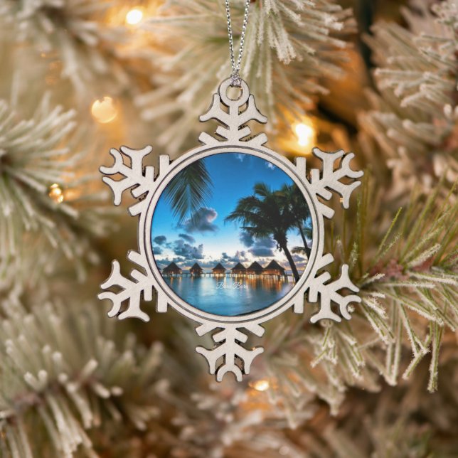 Tropical Bora Bora Snowflake Pewter Christmas Ornament (Tree)