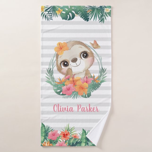 Tropical Borders Hibiscus Flowers Sloth Custom Bath Towel (Bath Towel)