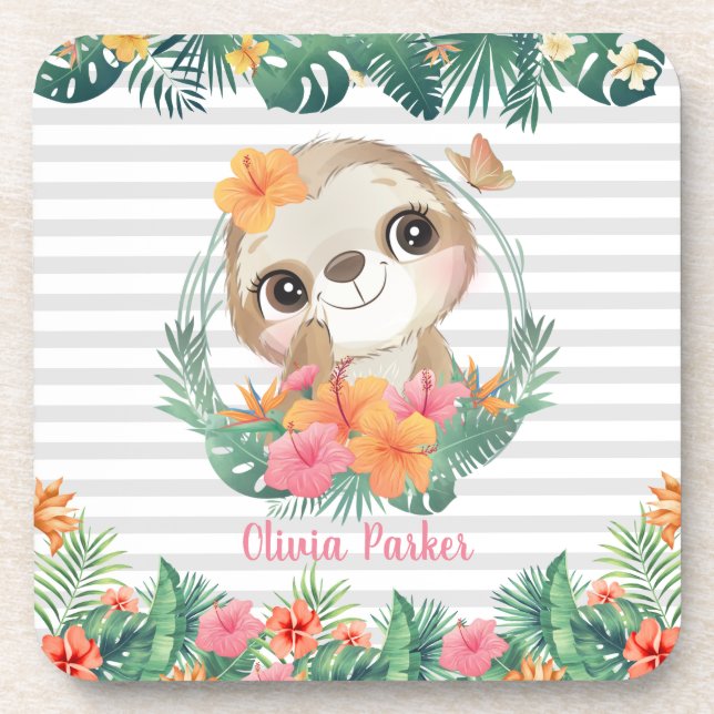 Tropical Borders Hibiscus Flowers Sloth Custom Coaster (Front)