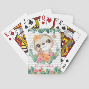 Tropical Borders Hibiscus Flowers Sloth Custom Playing Cards