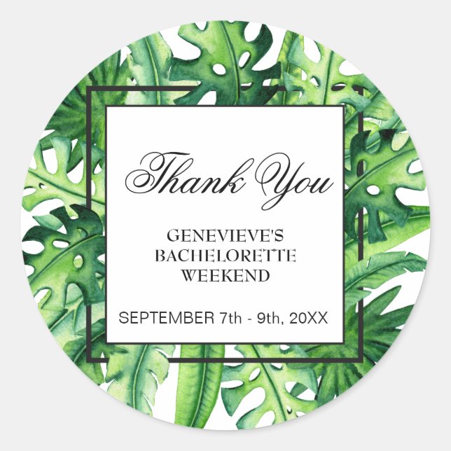 Tropical Botanical Bachelorette Weekend Thank You Classic Round Sticker (Front)