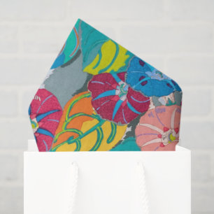 Tropical Botanical Bold Teal Blue & Coral Floral Tissue Paper