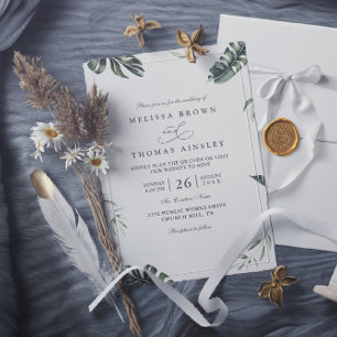 Tropical Botanical Elegant Modern QR Code Wedding Invitation