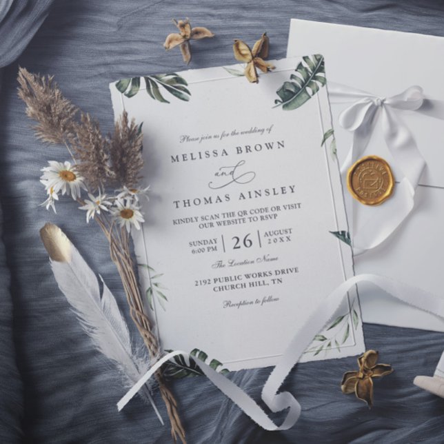 Tropical Botanical Elegant Modern QR Code Wedding Invitation (Creator Uploaded)