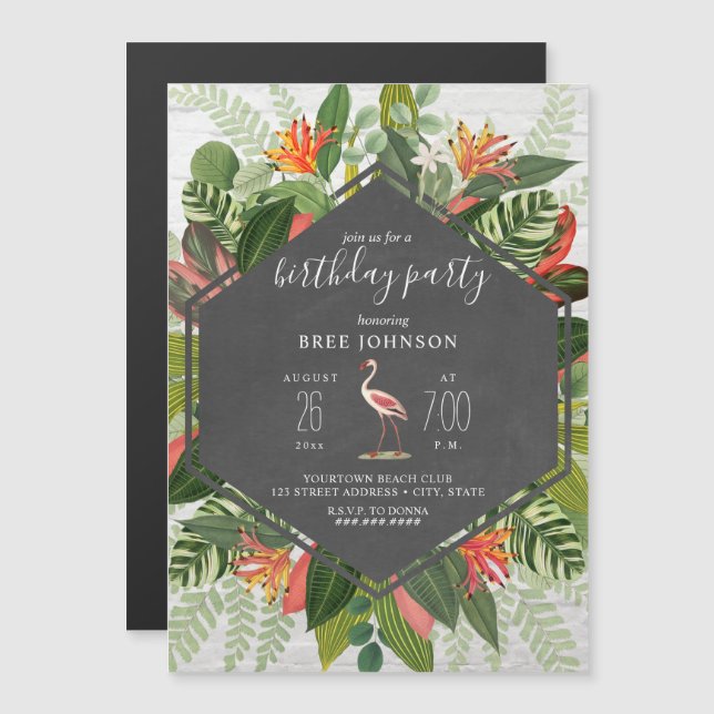 Tropical Botanical Flamingo Birthday Magnetic Invitation (Front/Back)