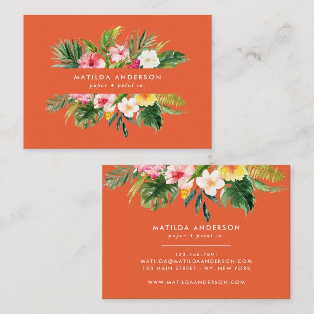 Tropical botanical floral orange modern foliage business card (Front/Back)