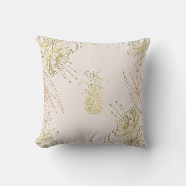 Tropical Botanical Floral Pineapple Gold Blush Cushion (Front)