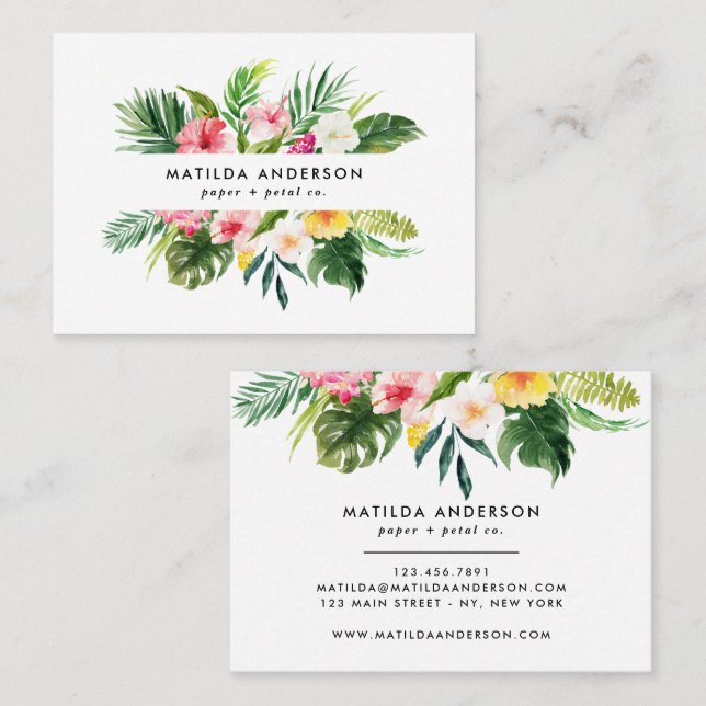 Tropical botanical floral pink modern foliage business card (Front/Back)