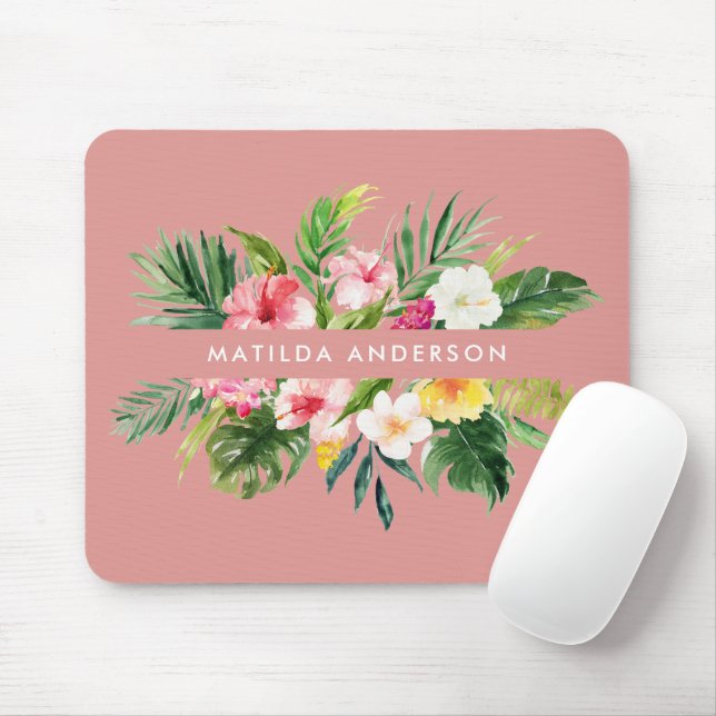 Tropical botanical floral pink modern foliage mouse pad (With Mouse)