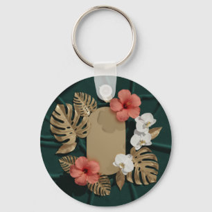 Tropical Botanical Gold Monstera Hibiscus Elegant Key Ring