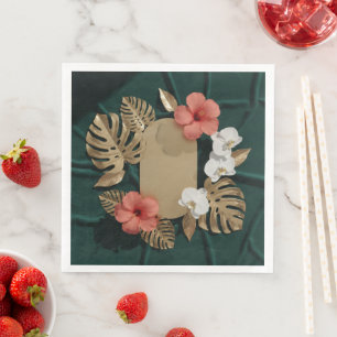 Tropical Botanical Gold Monstera Hibiscus Elegant Napkin