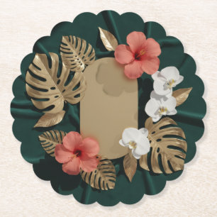 Tropical Botanical Gold Monstera Hibiscus Elegant Paper Coaster