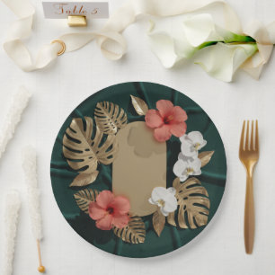 Tropical Botanical Gold Monstera Hibiscus Elegant Paper Plate