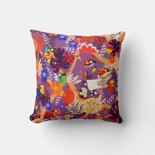Tropical Botanical Jungle Bird Flowers Paradise Cushion (Front)