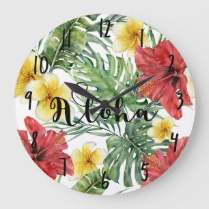 Tropical Botanical Leaves & Flowers Floral Aloha Large Clock