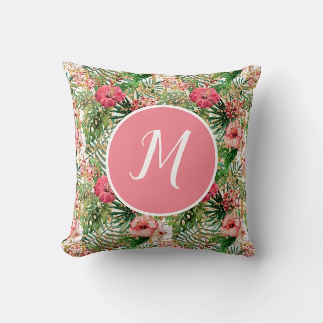 Tropical Botanical Monogram Throw Pillow (Front)