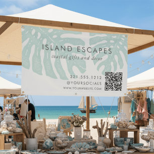 Tropical Botanical Monstera Leaf QR Code Business Banner