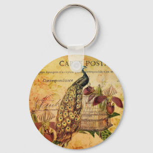tropical botanical orchid modern vintage peacock key ring
