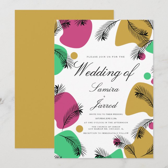 Tropical Botanical Organic Shapes Yellow Wedding Invitation (Front/Back)