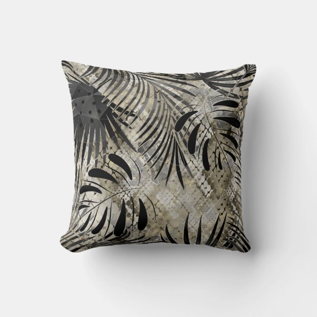 Tropical, Botanical, snake skin, leaves , palm, Cushion (Front)