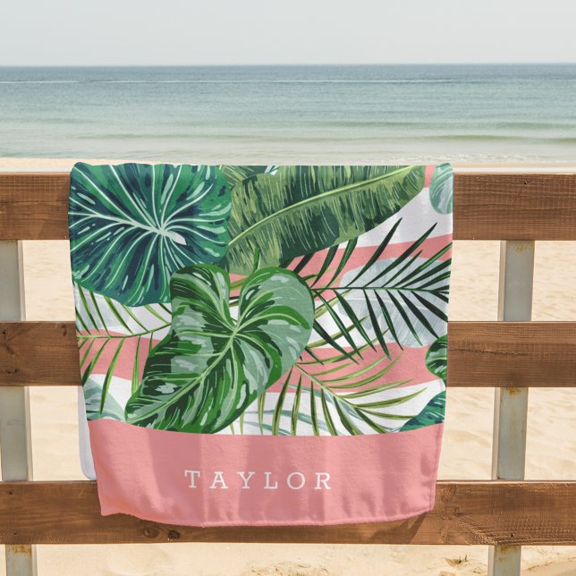 Tropical Botanical Stripe Personalised Beach Towel (Creator Uploaded)
