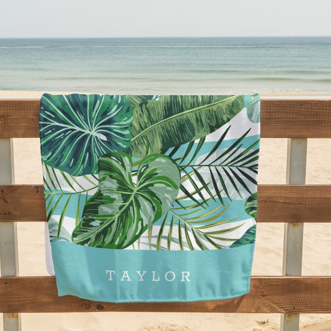 Tropical Botanical Stripe Personalized Beach Towel (Creator Uploaded)