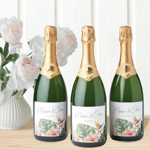 Tropical Botanical Watercolor Destination Wedding Sparkling Wine Label
