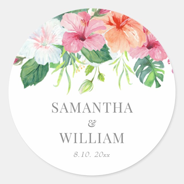 Tropical Botanical Watercolor Floral Wedding Classic Round Sticker (Front)