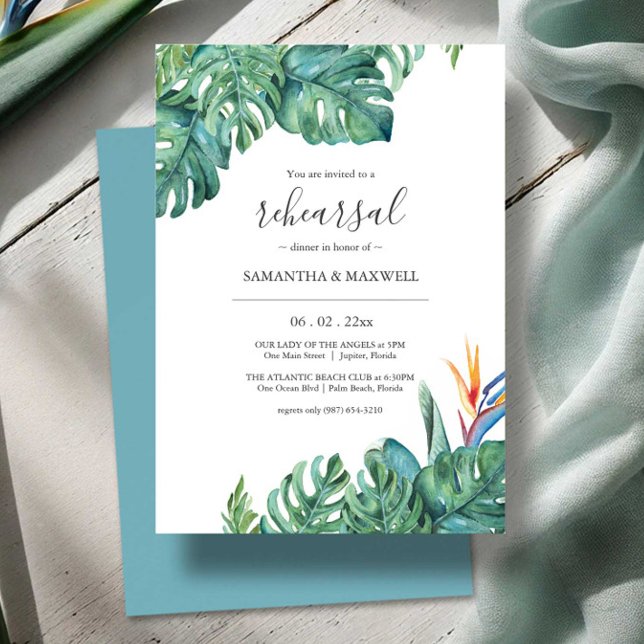 Tropical Botanical Wedding Rehearsal Dinner Invitation (Tropical rehearsal dinner invitations watercolor palm leaf and flower art by Victoria Grigaliunas)