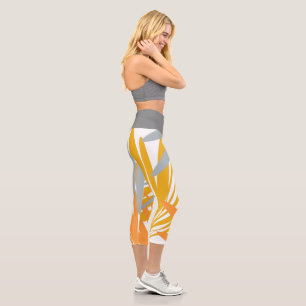 Tropical Botanical Yellow Grey Capri Leggings
